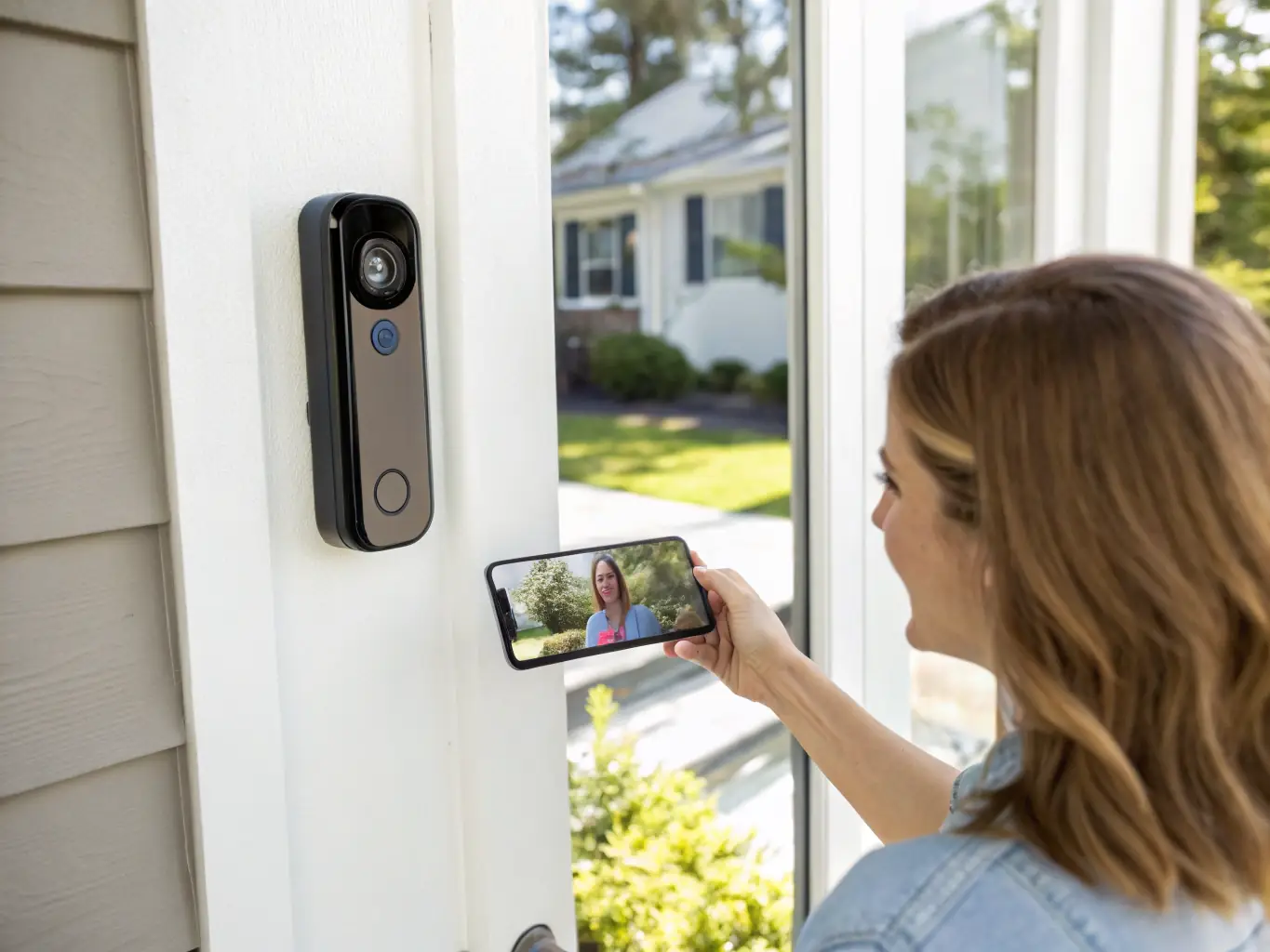 A clear image of a video doorbell installed next to a front door, showing a person approaching the door and their image displayed on a smartphone screen. The scene should emphasize the convenience and security features of the video doorbell.