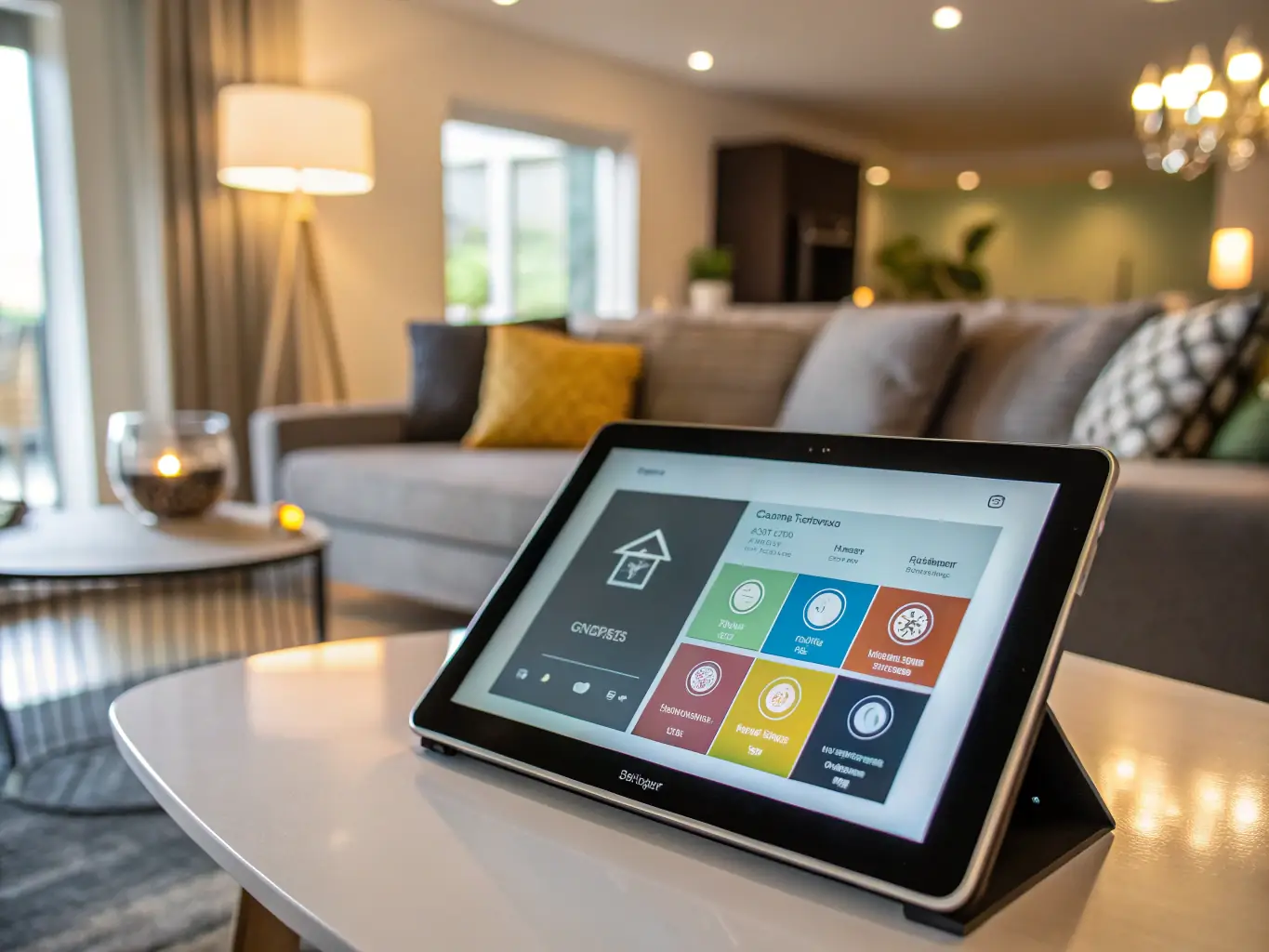 A visually appealing image of a smart home automation interface on a tablet, displaying controls for lighting, climate, and security systems. The background should feature a modern living room with integrated smart devices.