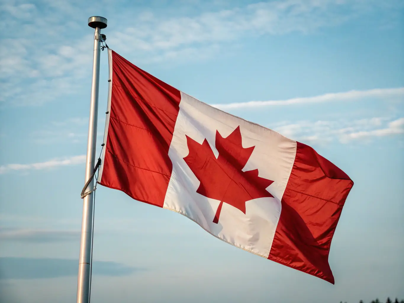 A Canadian flag waving proudly next to a security camera, emphasizing FICCTV's commitment to being a 100% Canadian company.