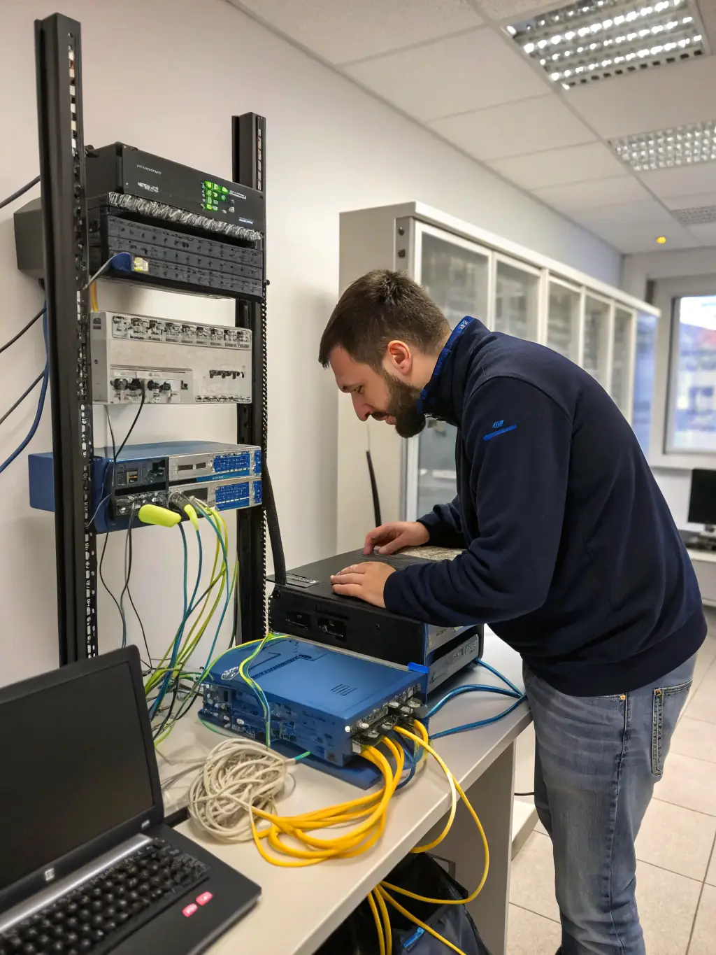 A technician configuring a high-performance Wi-Fi router in a modern office setting, emphasizing the importance of a reliable network for security systems.