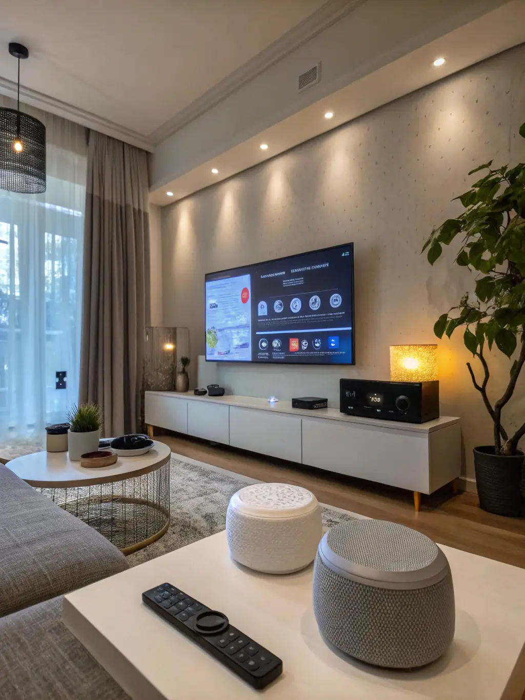 A sleek, modern living room showcasing a smart home automation system, with integrated lighting, climate control, and security features.