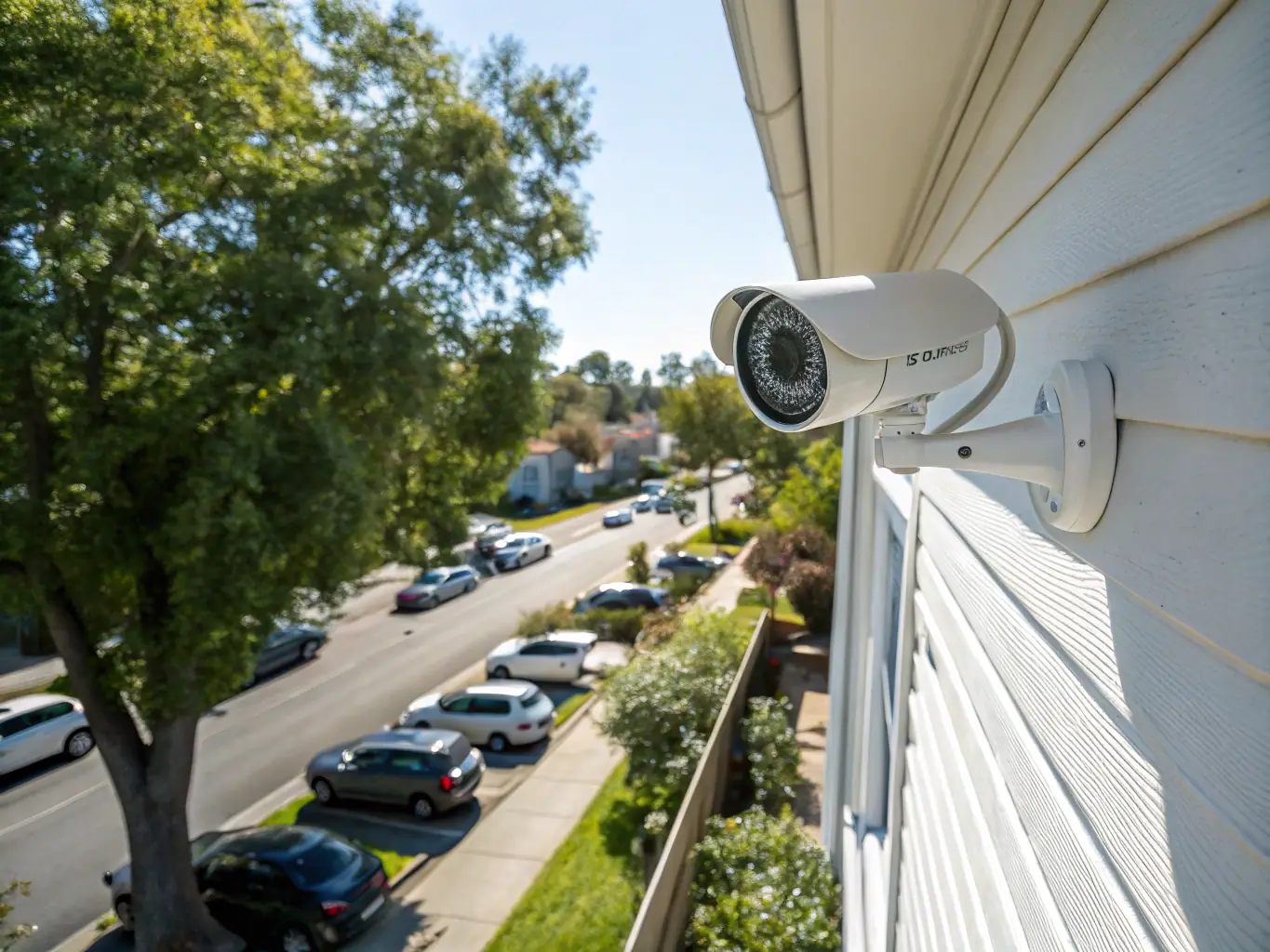 A high-resolution image depicting a modern security camera installed on the exterior of a residential home, capturing a wide-angle view of the property. The scene should be well-lit, showcasing the camera's sleek design and unobtrusive integration with the home's architecture.