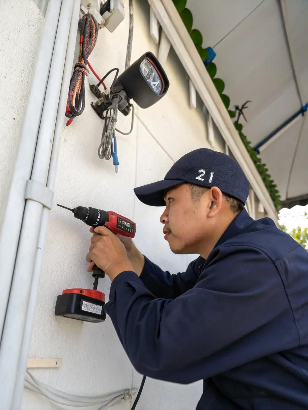 A technician installing a high-definition security camera on the exterior wall of a modern home, focusing on the precision and care taken during the installation process.